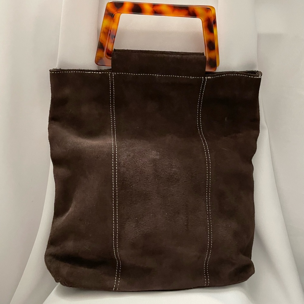 Leather clutch handbag brown, acrylic handles, excellent condition, no flaws
